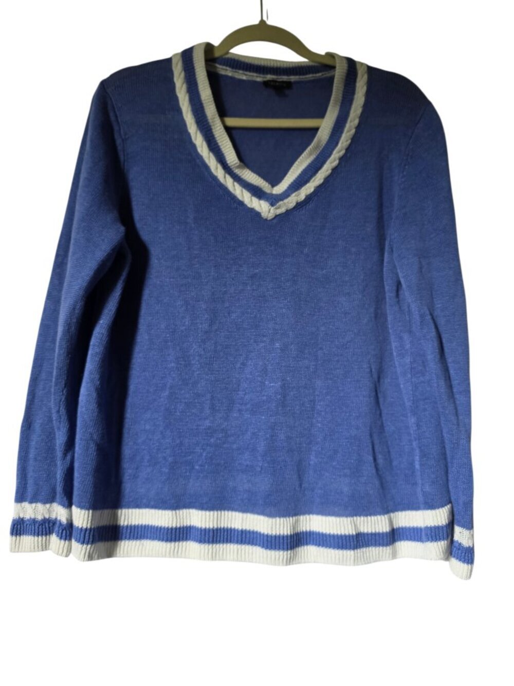 Talbots Linen Periwinkle/Cream V-Neck Womens Sweater Preppy Coastal Sz XL